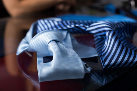Neckties on table in men clothing storeの写真素材