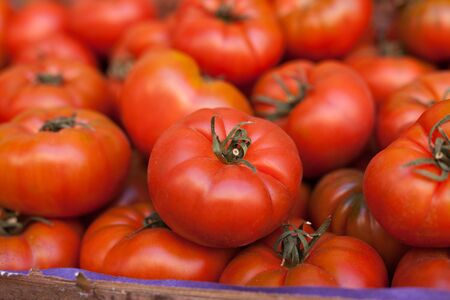 red fresh tomatoes on branch in wicker baskets on counterの写真素材
