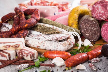 pile of delicious sausages of various kindsの写真素材