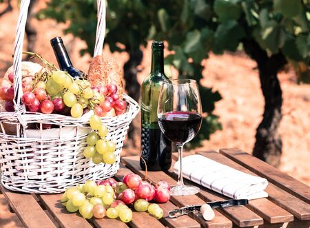 still life with glass of red wine grapes and picnic basket on table in fieldの写真素材