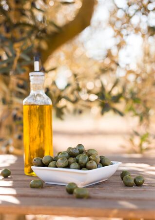 still life with green olives and oil on table in olive groveの写真素材