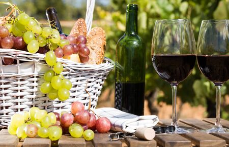 still life with glass of red wine grapes and picnic basket on table in fieldの写真素材
