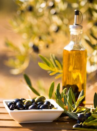 still life with green and black olives on table in olive groveの写真素材