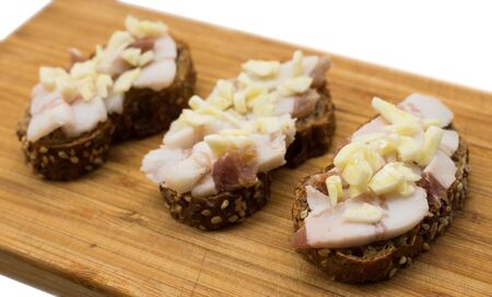 traditional Russian sandwich with brown bread, lard and garlicの写真素材