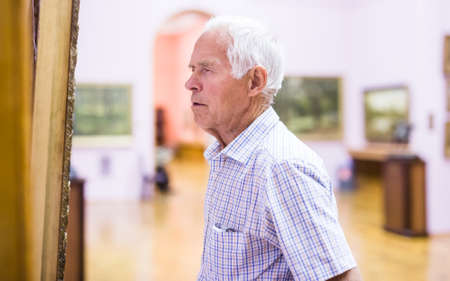 elderly European man examines paintings in an exhibition in hall of an art museum