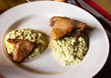 exquisite dish duck leg with green perlotto served on a white plateの写真素材