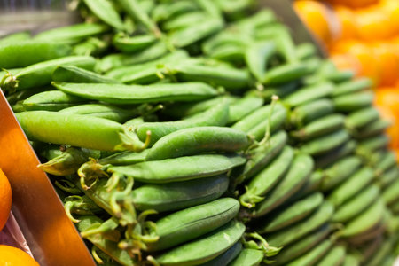fresh green fava beans in pods on counter in market