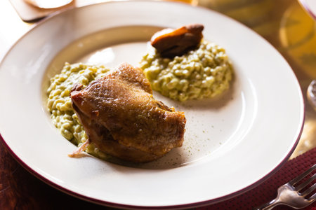 exquisite dish duck leg with green perlotto served on a white plateの写真素材