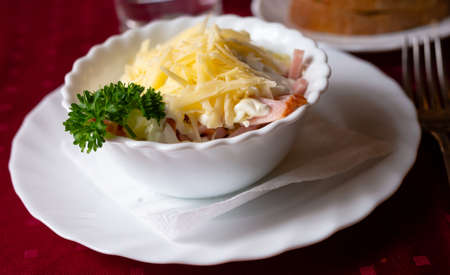 appetizing traditional Belarusian salad of vegetables, bacon, cheese, and greens. Polessky saladの写真素材
