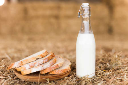 Milk bottle and slices of fresh wheat bread on hayの写真素材