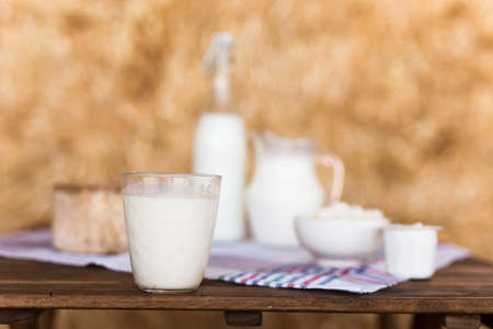 milk, cottage cheese, cream, cheese on table against the background of hayの写真素材
