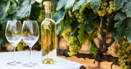 pair of empty glasses and bottle of white wine on a table among grape fieldの写真素材
