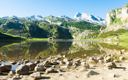 landscape views of the mountain lake of the national park peaks of europeの写真素材