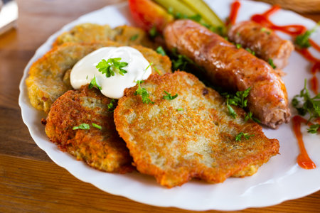 belarusian pancakes with sausages in a restaurantの写真素材