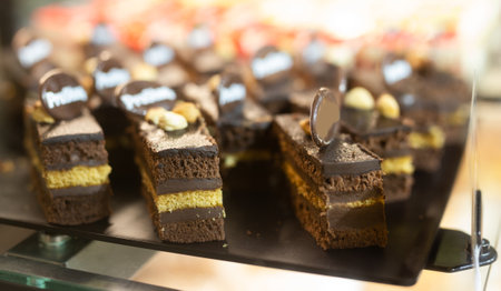 variety of sweet delicious cakes in the cafe windowの写真素材