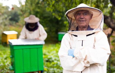 Senior apiarist in protective suit standing in bee yard