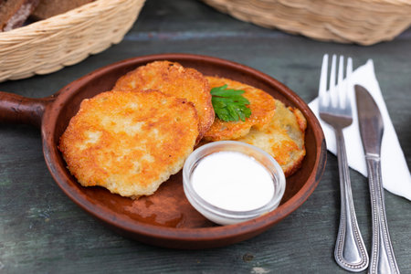 Fried grated potato pancakes with sour creamの写真素材