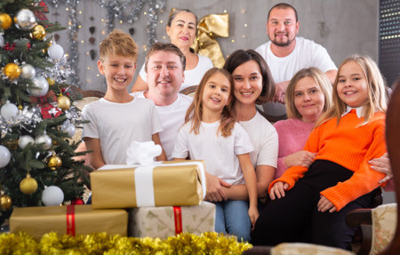 Family with children on sofa in christmas interiorの写真素材
