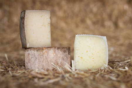 whole head of ripe country cheese and slices on hayの写真素材