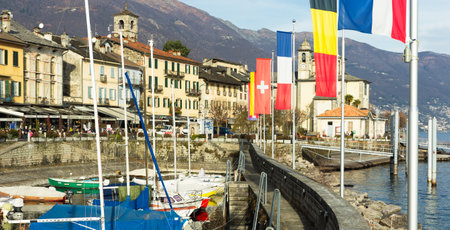 Cannobio. ITALIA. Embankment of Cannobio on the lake Maggiore in the winter afternoonの写真素材