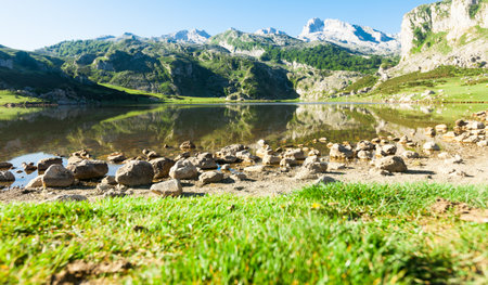 Views of the mountain lake of the national park peaks of europeの写真素材