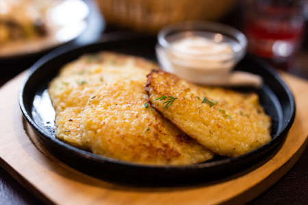 Potato pancakes with sour cream closeup. Belorussian cuisineの写真素材