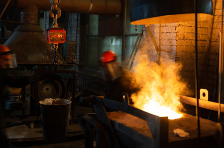 Foundry - ferrous metal is melted in an induction furnace of metallurgical plantの写真素材