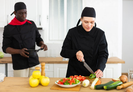 Chef and cook preparing food togetherの写真素材