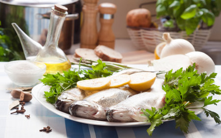 Trout with parsley and lemonの写真素材