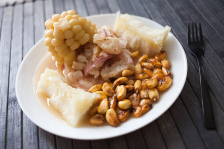 Peruvian traditional dish.fish ceviche with yuka and cornの写真素材