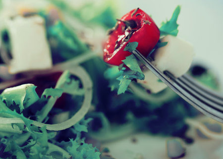 Tomatoes onion mozzarella on forkの写真素材