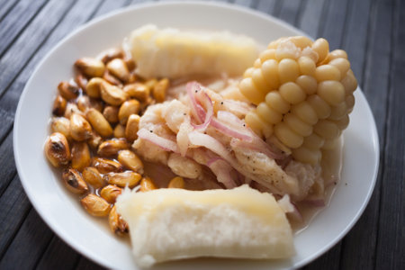 Peruvian traditional dish.fish ceviche with yuka and cornの写真素材