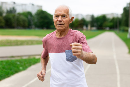 Elderly man with grey hair running in the parkの写真素材