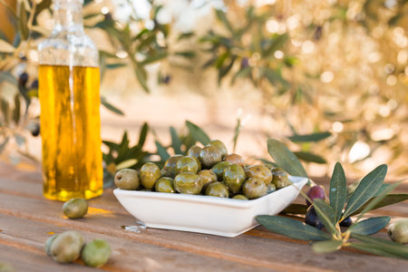 Green olives and oil on table in olive groveの写真素材