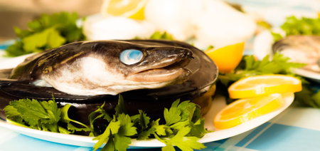Freshness fish and vegetables on the plateの写真素材