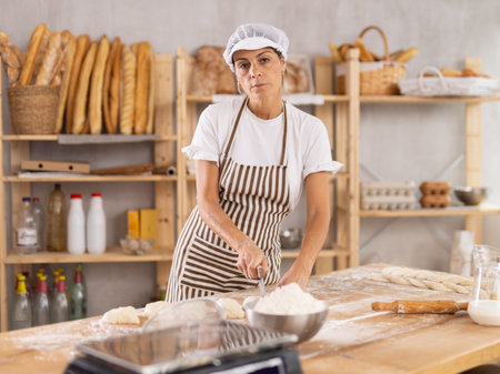 Female baker cutting dough with knife on kitchen table in bakery