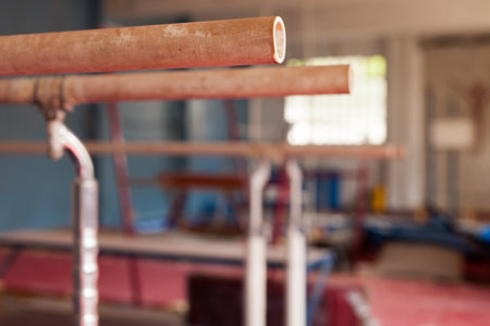 Interior of gym with old exercise machines, parallel bars and pommel horseの写真素材