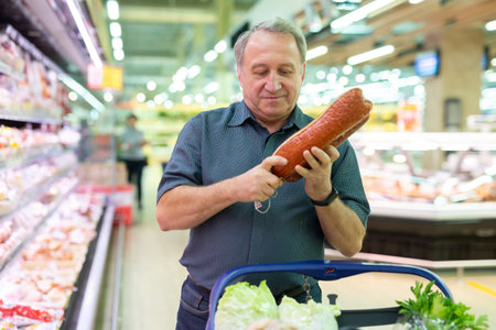 Elderly man chooses sausage in supermarketの写真素材