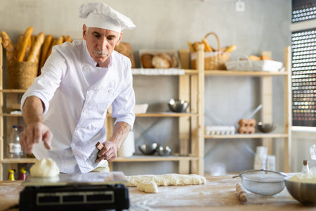 Mature experienced baker weighs pieces of raw dough on scales for making croissantsの写真素材