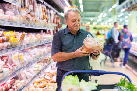 Elderly man chooses chicken meat in supermarketの写真素材