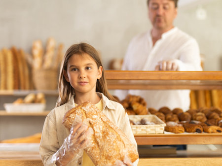 Girl in bakery chooses bread, considers various product options.の写真素材