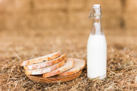 Milk bottle and slices of fresh wheat bread on hayの写真素材