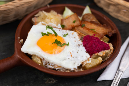 Breakfast of scrambled eggs with fried bacon and potatoesの写真素材