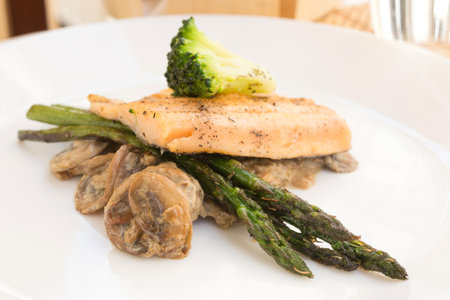 dish of fried river trout fillet with garnish of broccoli, asparagus sprouts and mushroom sauce on white backgroundの写真素材