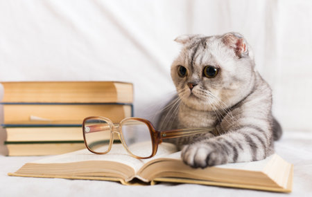 Stack of books, glasses and Scottish catの写真素材