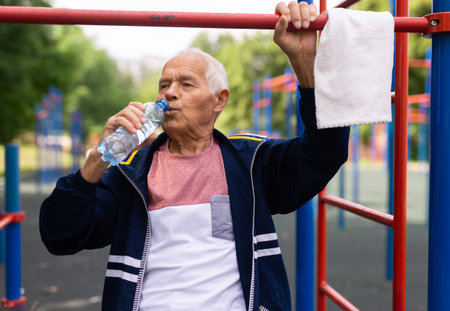Senior man resting and drinking water from bottle after jogging in parkの写真素材