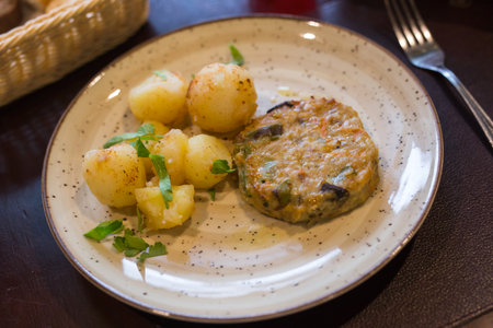 vegetable cutlet with boiled potatoes on a plateの写真素材