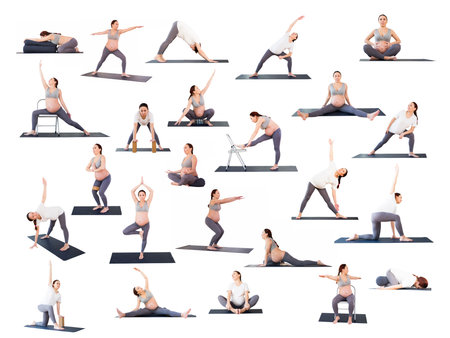 A pregnant woman is engaged in yoga. Butterfly Pose or Baddha Konasanaの写真素材