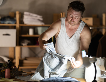 Middle-aged male dressmaker reviewing jeans to restoreの写真素材