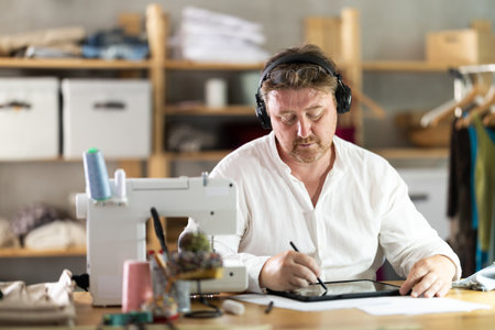 Male tailor create sketch of dress on tabletの写真素材